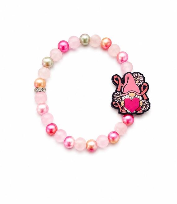 Breast Cancer Beaded Stretch Bracelet With Silicone Focal Bead