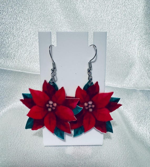 Wooden Christmas Poinsettia Dangle Earrings