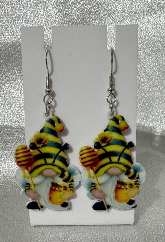 Bee Gnome Dangle Earrings: Springtime Honeycomb Charm Accessory