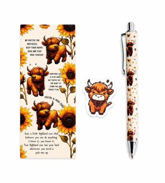 Highland Cow Mechanical Pencil, Character Eraser and Positivity Bookmark