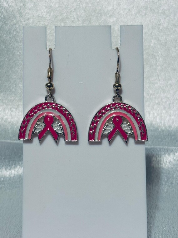 Rainbow Breast Cancer Dangle Earrings