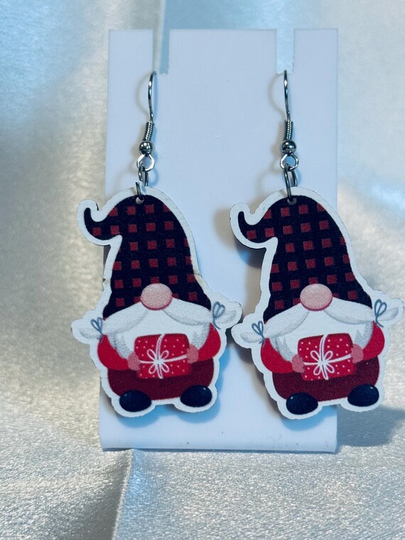 Gnome Holding Gift Wooden Dangle Earrings