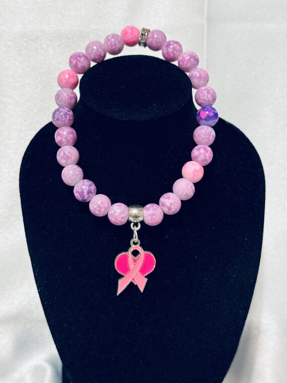 Heart and Ribbon Breast Cancer Stretch Charm Bracelet