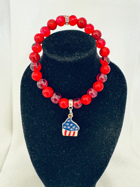 Red White and Blue Cupcake Charm Stretch Bracelet