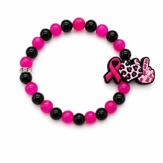 Breast Cancer Beaded Stretch Bracelet With Silicone Focal Bead