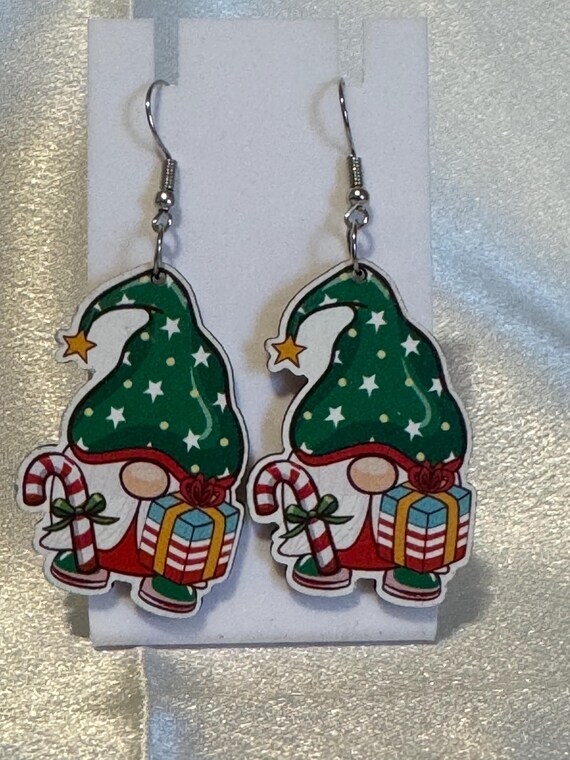 Wooden Gnome Christmas Dangle Earrings