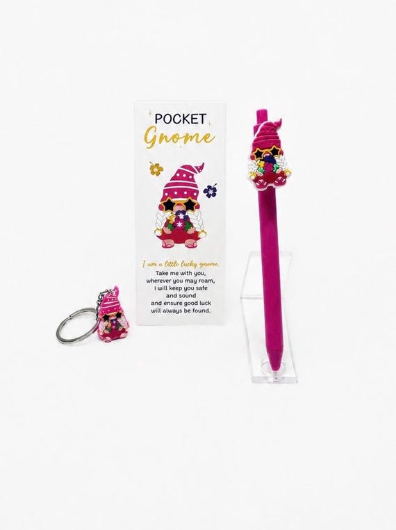 Pink Pocket Gnome With Pen, Keychain and Card