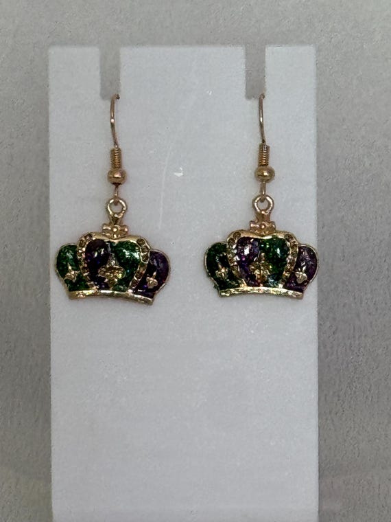 Mardi Gras Crown Dangle Earrings.