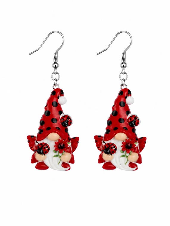 Spring Gnome Acrylic Ladybug Dangle Earrings – Hypoallergenic Lightweight Jewelry