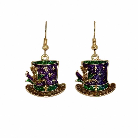 Mardi Gras Top Hat Dangle Earrings.