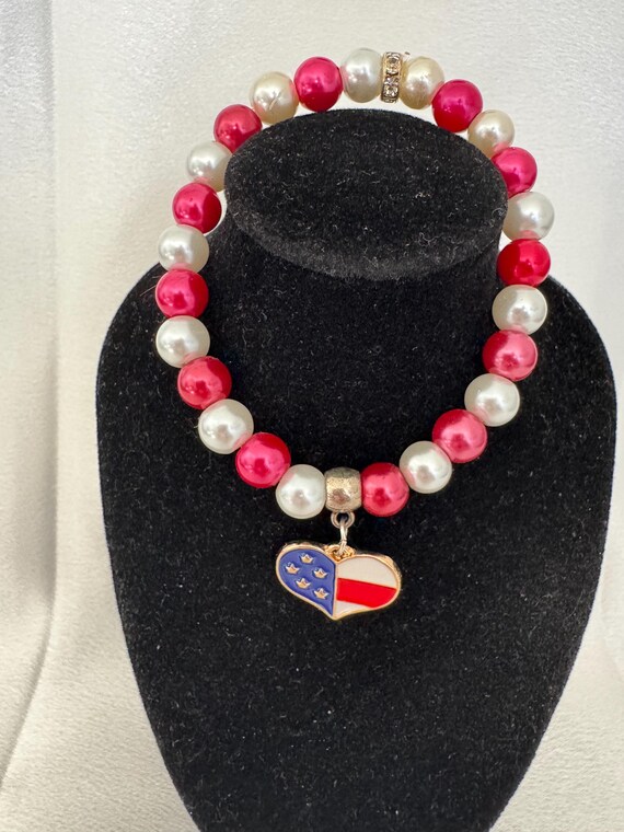 Red White and Blue Heart  Charm Stretch Bracelet