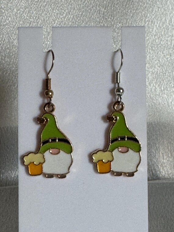 Beer Drinking Gnome Dangle Earrings.