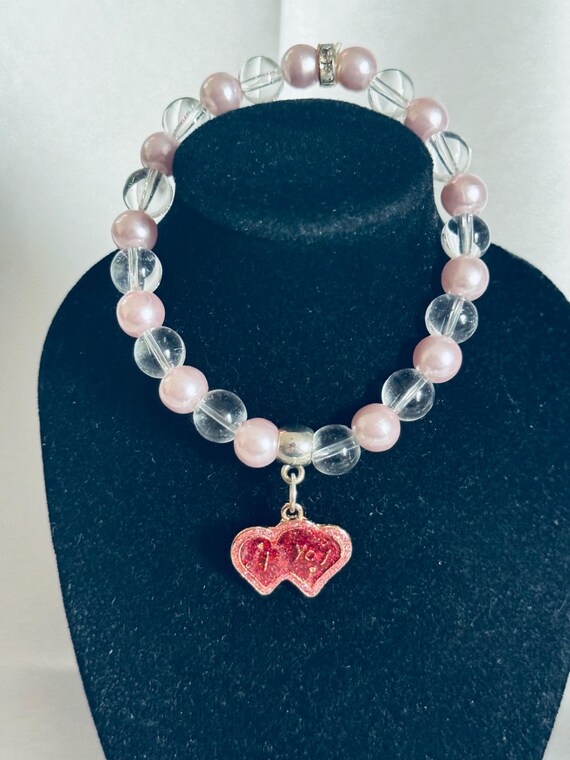 Double Red Heart  Valentine Charm Stretch Bracelet