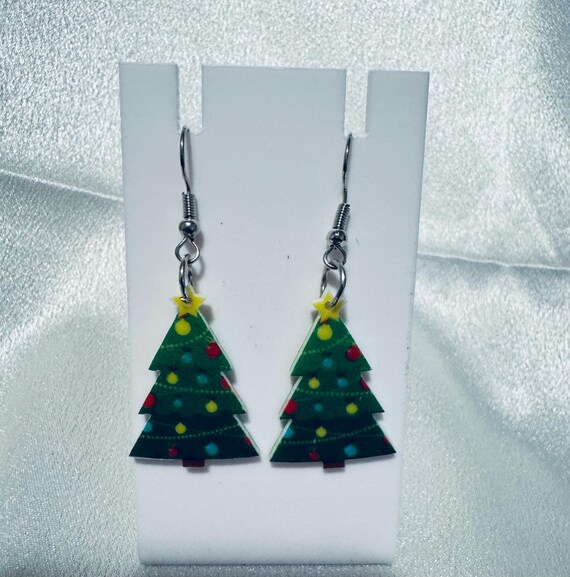 Wooden Christmas Tree Dangle Earrings