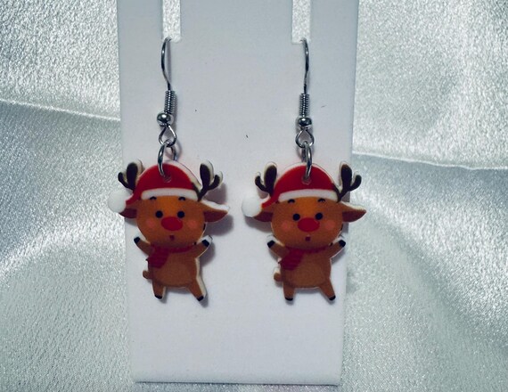 Wooden Christmas Reindeer Dangle Earrings