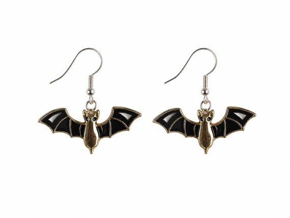 Halloween Black Bat Dangle Earrings. Hypoallergenic