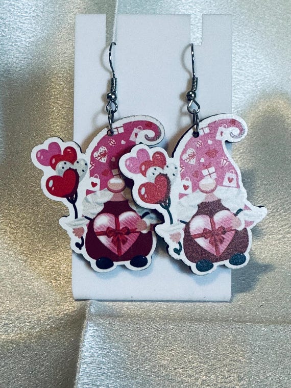 Gnome Holding Gift Wooden Dangle Earrings
