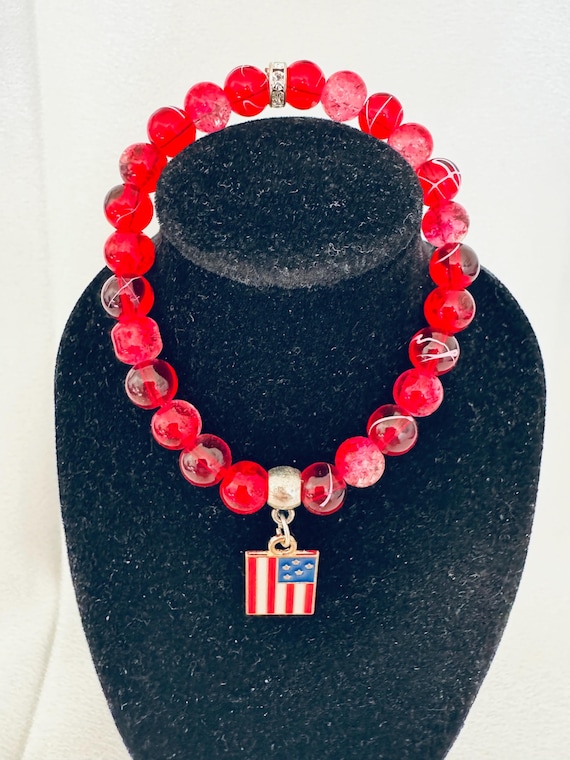 Red White and Blue Flag Charm Stretch Bracelet