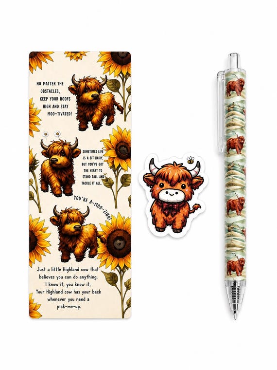 Highland Cow Mechanical Penci, Character Eraser and Positivity Bookmark