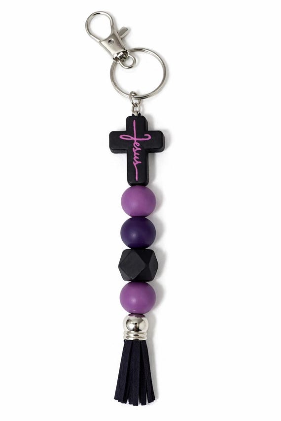 Purple Silicone Beaded Jesus Keychain