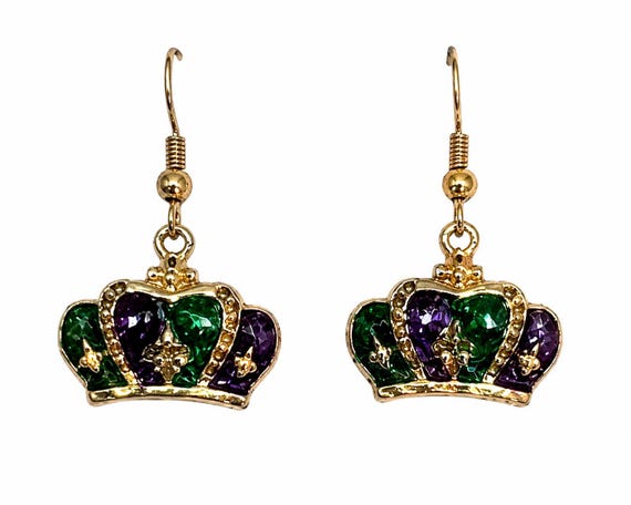 Mardi Gras Crown Dangle Earrings.