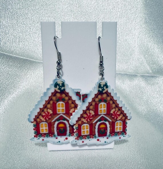 Wooden Christmas Gingerbread House Dangle Earrings