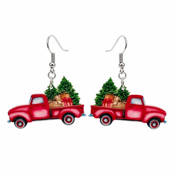 Wooden Christmas Red Truck  Dangle Earrings