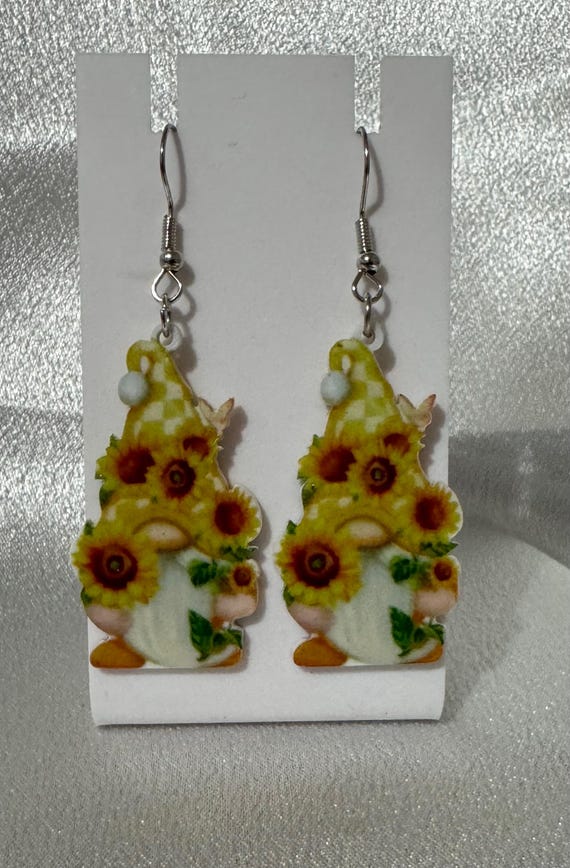 Sunflower Gnome Dangle Earrings: Springtime, Hypoallergenic Jewelry