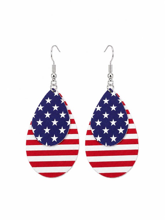 Wooden Oval Flag Dangle Earrings