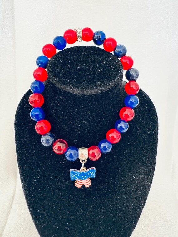 Red White and Blue Ribbon Charm Stretch Bracelet