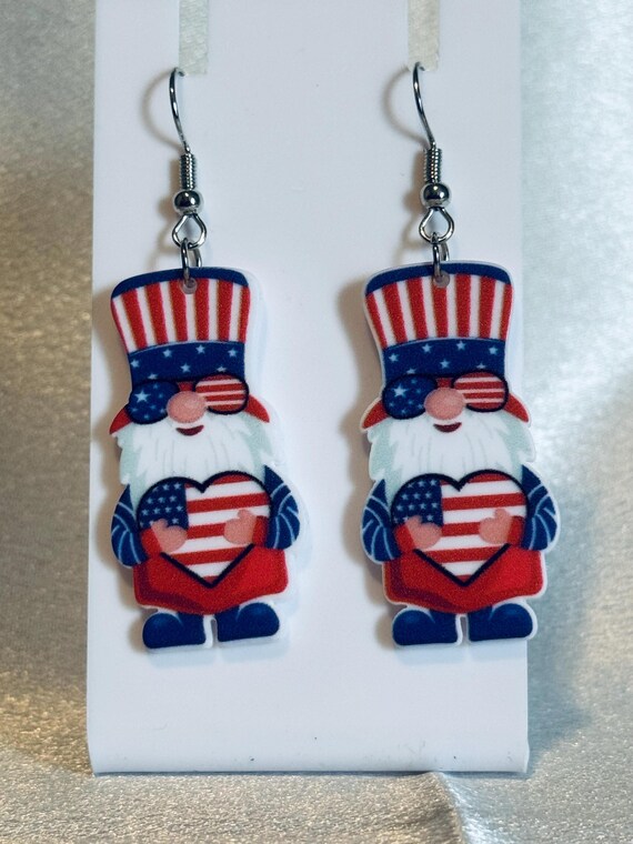 Acrylic I Love The USA  Gnome Dangle Earrings
