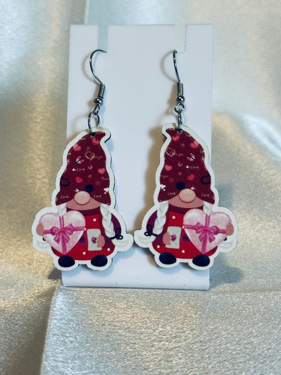 Gnome Holding Gift Wooden Dangle Earrings