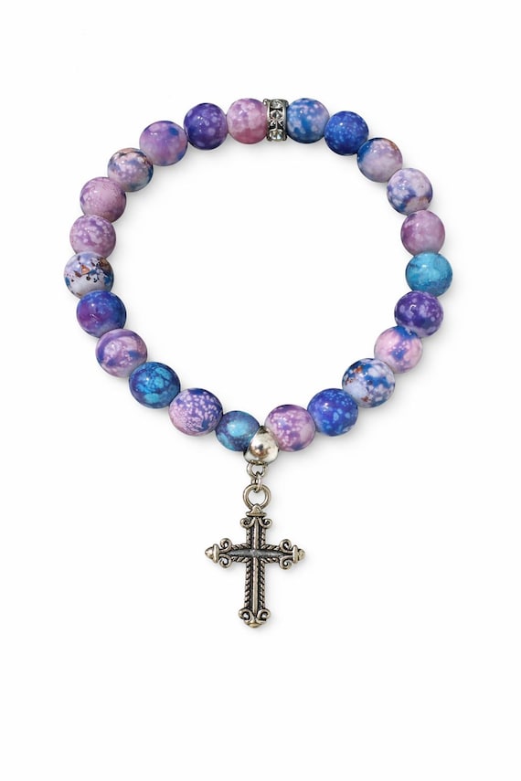 Colorful Beaded Inspirational Cross Charm Stretch Bracelet