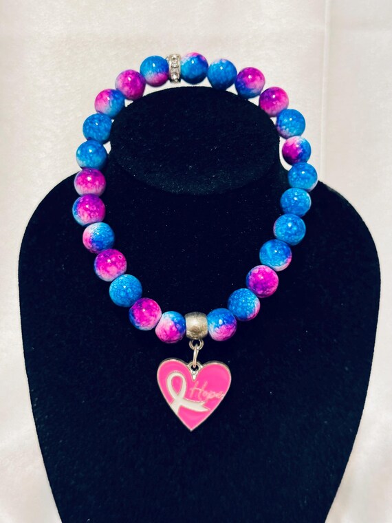 Heart and Ribbon Breast Cancer Stretch Charm Bracelet