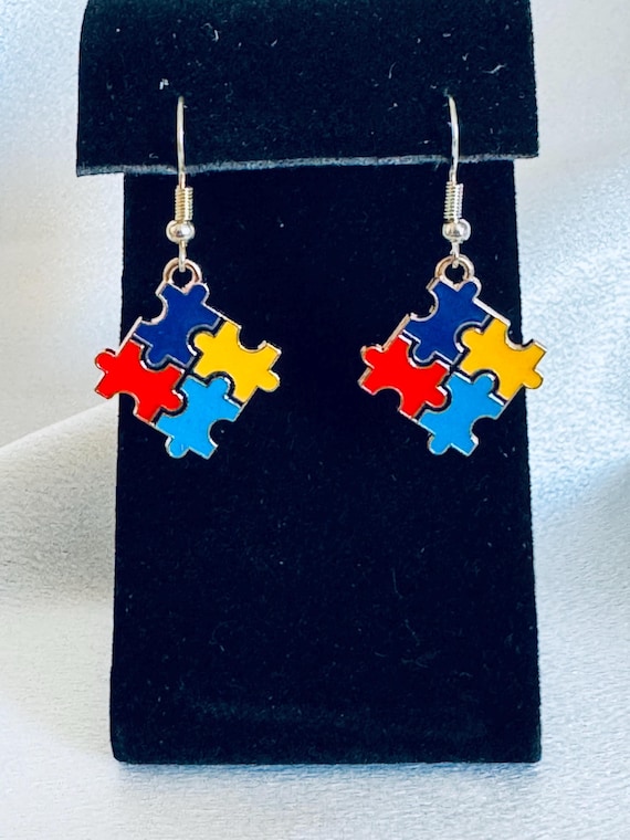Puzzle Piece Autism Dangle Earrings.