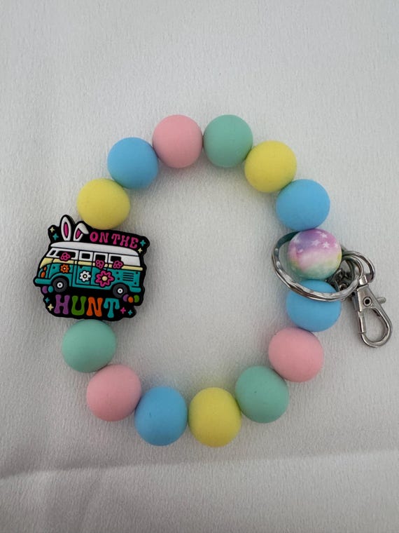 Silicone Easter Van Wristlet Keychain: Pastel Spring Colors, "On The Hunt" Charm