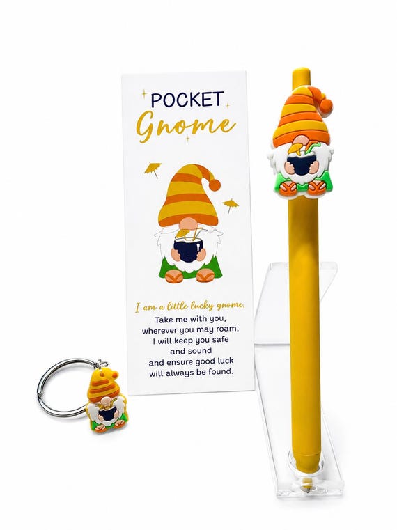 Yellow Pocket Gnome With Pen, Keychain and Card