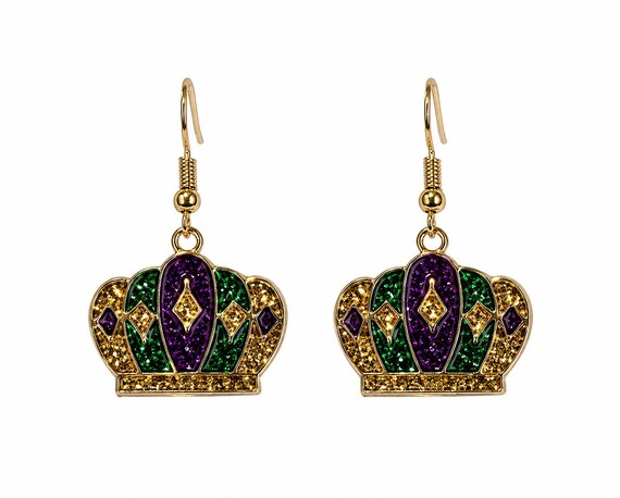Mardi Gras Crown Dangle Earrings.