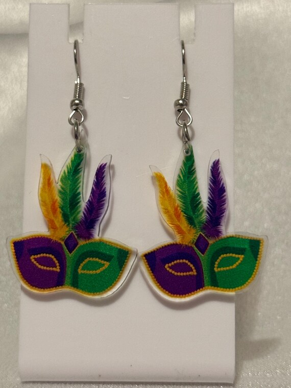 Mardi Gras Mask Dangle Earrings.