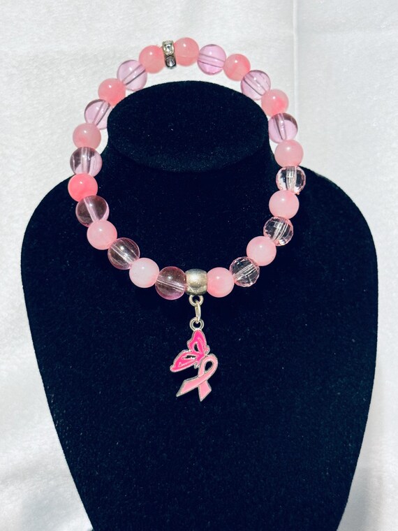 Butterfly and Ribbon Breast Cancer Stretch Charm Bracelet