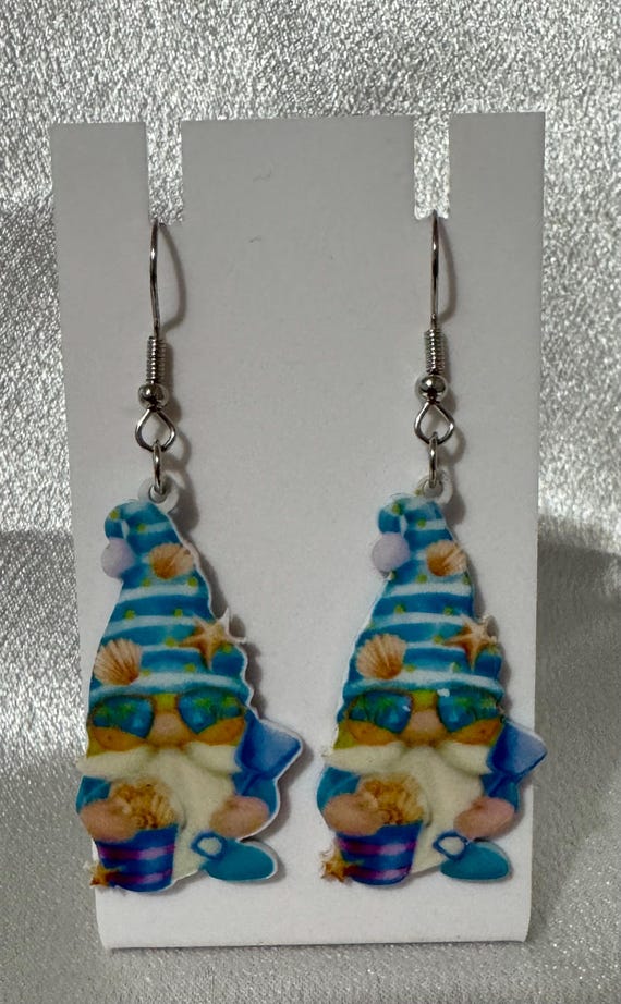 Spring Gnome Dangle Earrings: Beach Vibes, Seashell Accents, Hypoallergenic Hooks