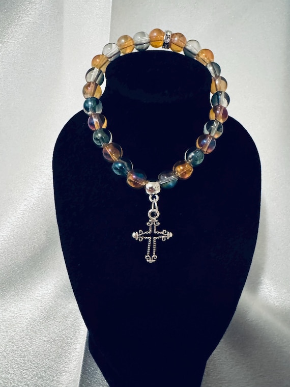 Colorful Beaded Inspirational Cross Charm Stretch Bracelet