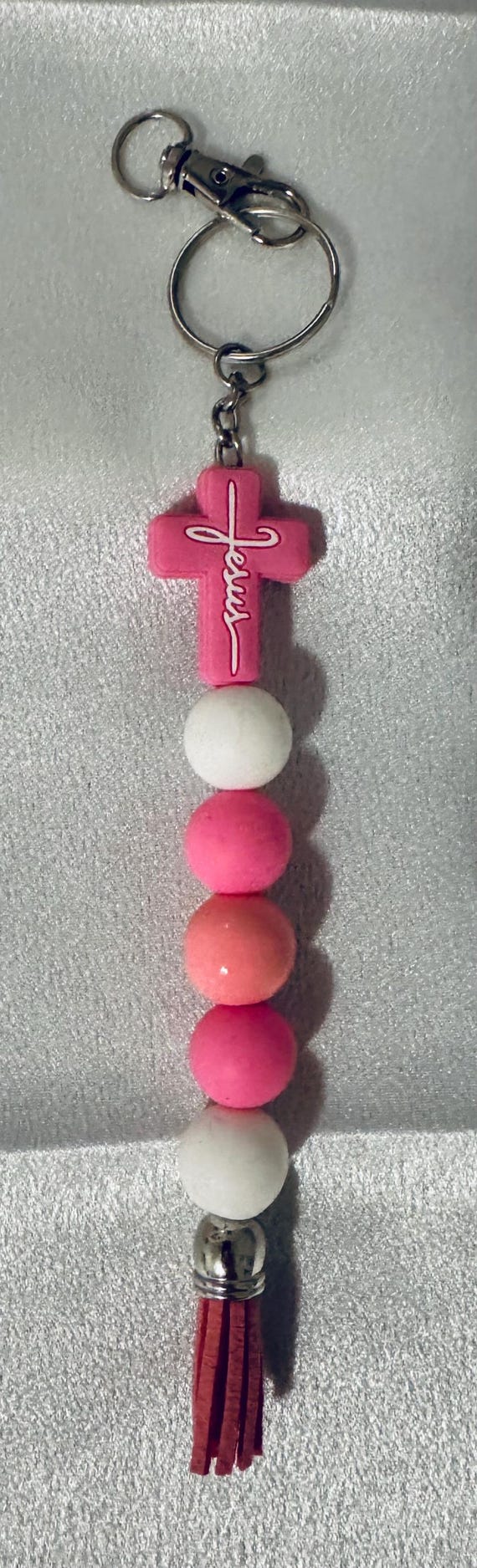 Pink Silicone Beaded Jesus Keychain