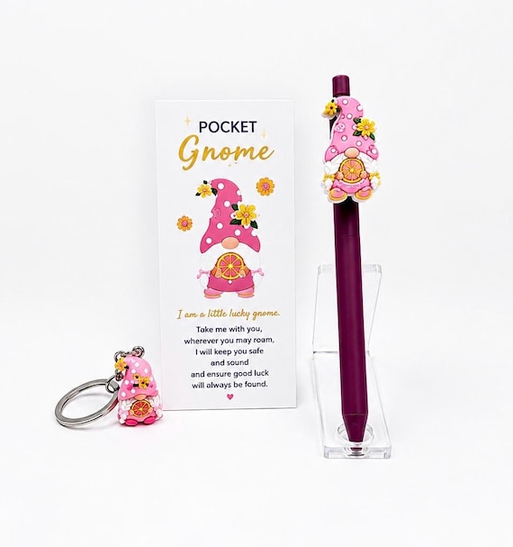 Pink Pocket Gnome With Pen, Keychain and Card