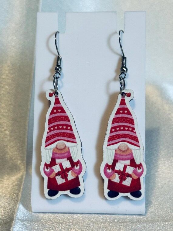 Gnome Holding Gift Wooden Dangle Earrings