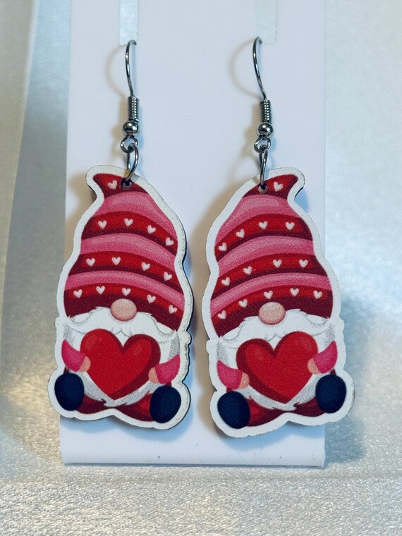 Gnome Holding Heart Wooden Dangle Earrings