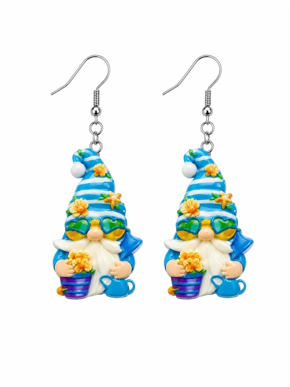 Spring Gnome Acrylic Dangle Earrings: Beach Vibes, Seashell Accents, Hypoallergenic Hooks