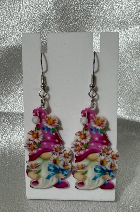 Spring Gnome Dangle Earrings with Daisies, Hypoallergenic Lightweight Jewelry