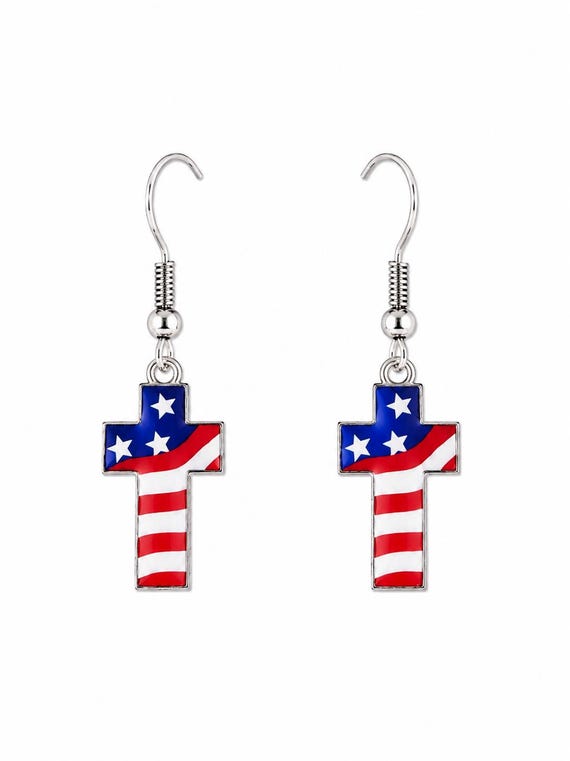 American Flag Cross Dangle Earrings