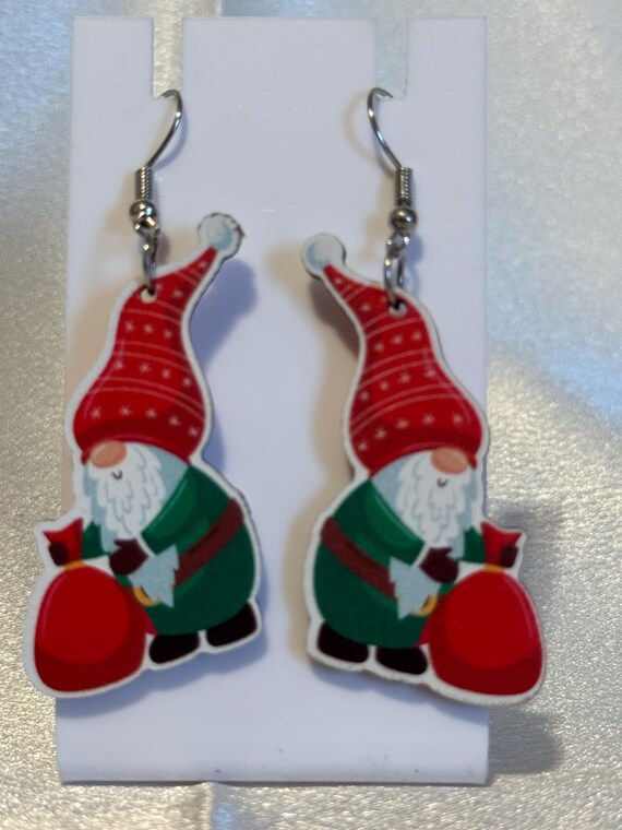 Wooden Gnome Christmas Dangle Earrings
